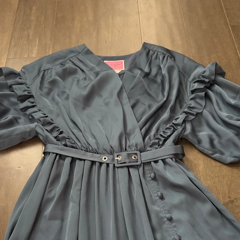 Kate Spade Blue Belted Midi Dress Size 0 Puff Sleeve A-Line Flaw